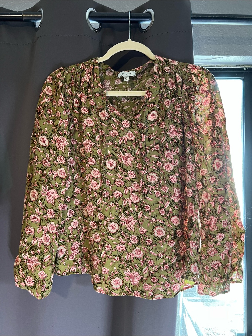 Jessica Simpson Olive Floral V-Neck Long Sleeve Blouse with Pink Roses